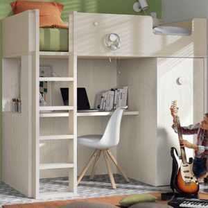 Dormitorio infantil con litera exenta con mesa y armario inferior.. ElMenut.com