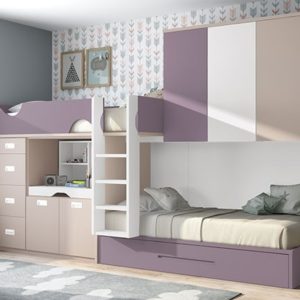Habitación infantil con literas tren, cama nido, sinfonier y altillo. ElMenut.com