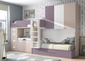 Habitación infantil con literas tren, cama nido, sinfonier y altillo. ElMenut.com